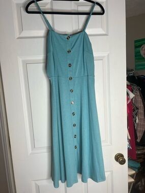 Spaghetti-Strap Aqua Button-Front Midi Dress